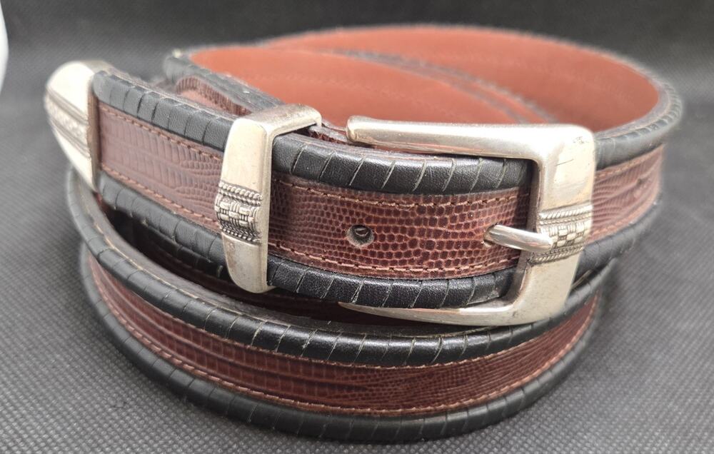 Jos A Bank Brown Black Lizard-Embossed Leather Belt Silver Buckle Sz 46 X 1.5"